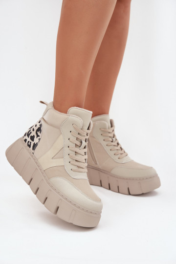 Beige Leder Damen warme Stiefeletten mit Plattform Vinceza 66838 2