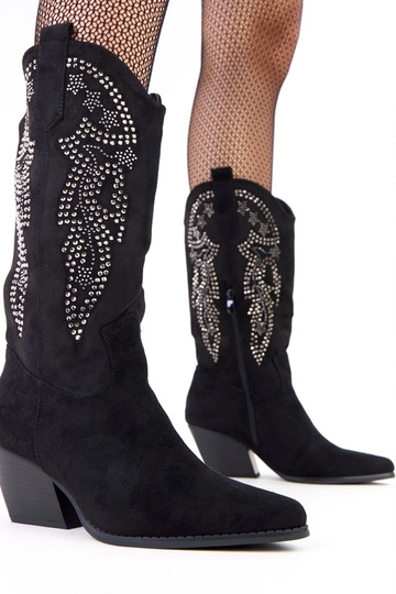 Schwarze Cowboy-Stiefel mit niedrigem Absatz und Strass "Masura" 2