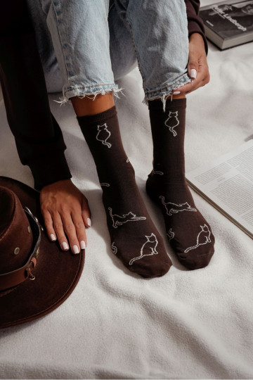 Socken Feminin BaZuełniane Kontury Kota CzekoladoZue