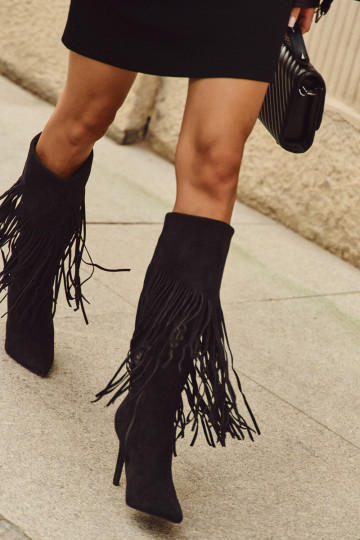 Schwarze Damen-Stiefel mit dünnen Absätzen und Fransen Isalune