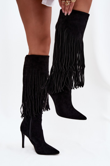 Schwarze Damen-Stiefel mit dünnen Absätzen und Fransen Isalune 2