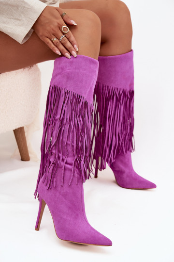 Damenstiefel über das Knie mit dünnen Absätzen und Fransen in Violett Isalune