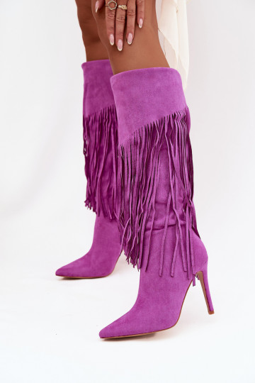 Damenstiefel über das Knie mit dünnen Absätzen und Fransen in Violett Isalune 2