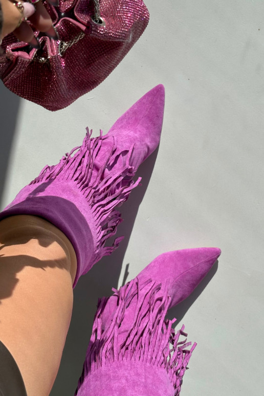 Damenstiefel über das Knie mit dünnen Absätzen und Fransen in Violett Isalune
