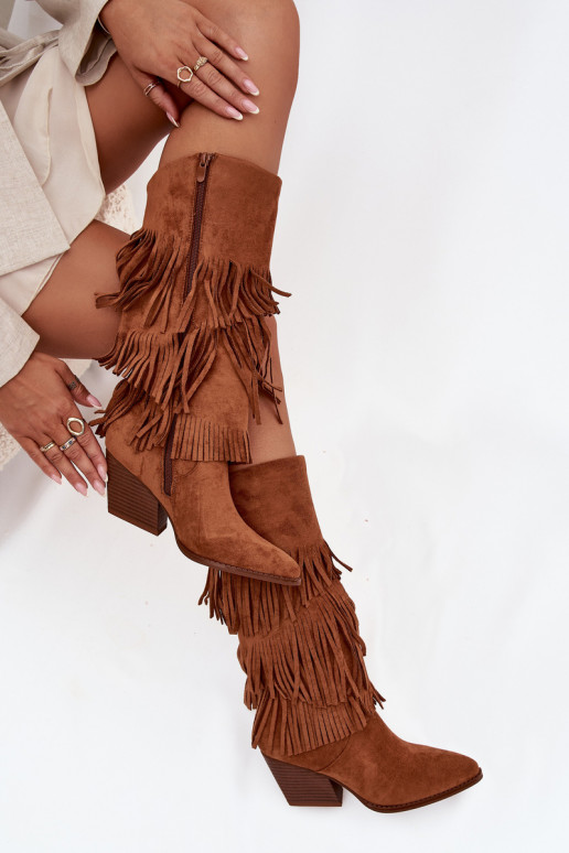 Gefütterte lange Cowboy-Stiefel im Cowboy-Stil mit Fransen in braun Brivina Gefütterte lange Cowboy-Stiefel im Cowboy-Stil mit Fransen in braun Brivina