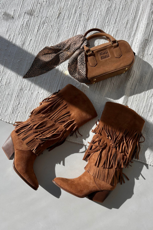 Gefütterte lange Cowboy-Stiefel im Cowboy-Stil mit Fransen in braun Brivina Gefütterte lange Cowboy-Stiefel im Cowboy-Stil mit Fransen in braun Brivina