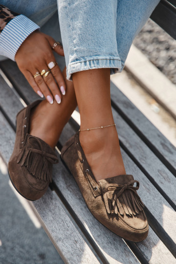 Damenmokassins mit Fransen und Schleife in Khaki "Olivianne"