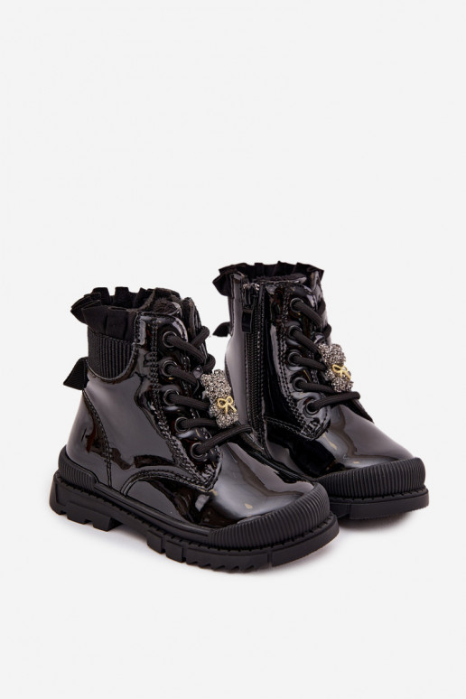 mit Lackeffekt Stiefel Kindisch sich Zuarm laufenPrzypinką Teddybären schZuarze Farbe Fionessa