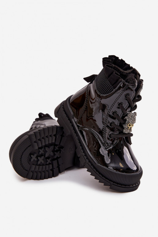 mit Lackeffekt Stiefel Kindisch sich Zuarm laufenPrzypinką Teddybären schZuarze Farbe Fionessa