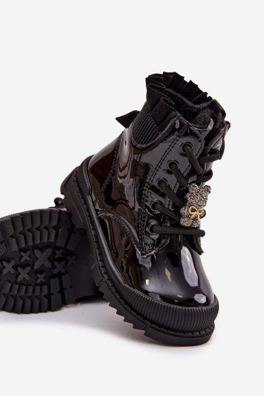 mit Lackeffekt Stiefel Kindisch sich Zuarm laufenPrzypinką Teddybären schZuarze Farbe Fionessa