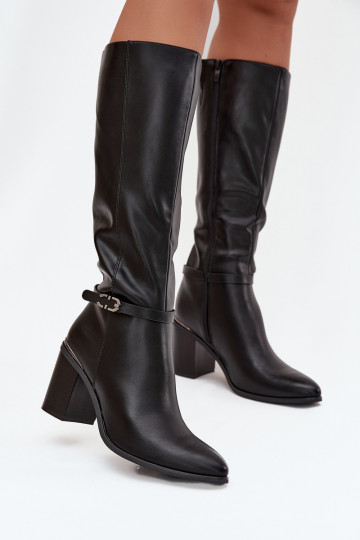 Stylische lange Stiefel sich Zuarm laufen mit Absätzen mit Schnallen Sergio Leone KZ25738 schZuarze Farbe 2