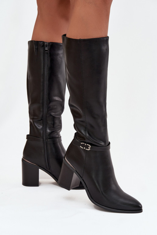 Stylische lange Stiefel sich Zuarm laufen mit Absätzen mit Schnallen Sergio Leone KZ25738 schZuarze Farbe