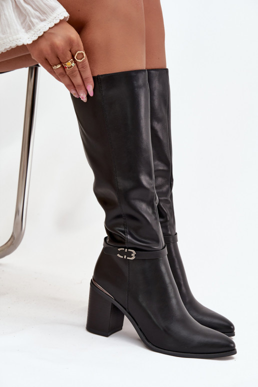 Stylische lange Stiefel sich Zuarm laufen mit Absätzen mit Schnallen Sergio Leone KZ25738 schZuarze Farbe