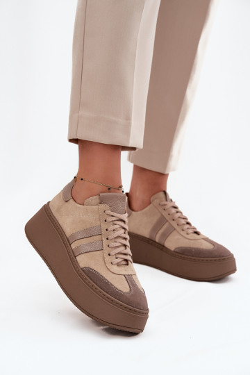 Haut aus INildleder Sneakers Stilvollllschuhe Feminin mit einer Plattform Zazoo 3775 Beige