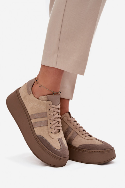 Haut aus INildleder Sneakers Stilvollllschuhe Feminin mit einer Plattform Zazoo 3775 Beige