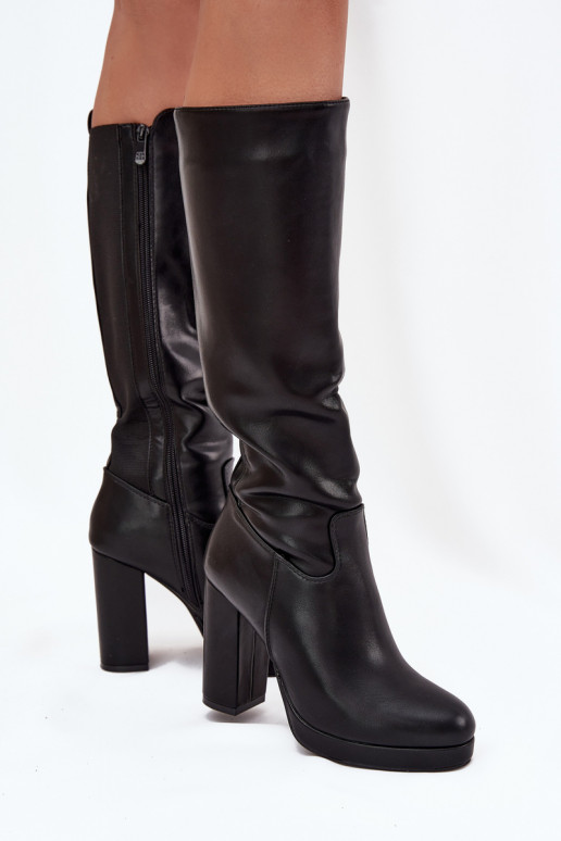 Damen kniehohe Stiefel mit Absatz, aus Eco-Leder, schwarze Farbe Thalina