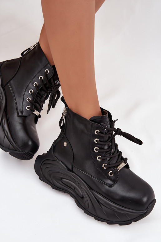 Haut sich Zuarm laufen Damenstiefel mit einer Plattform GOE SS2N4301 schZuarze Farbe