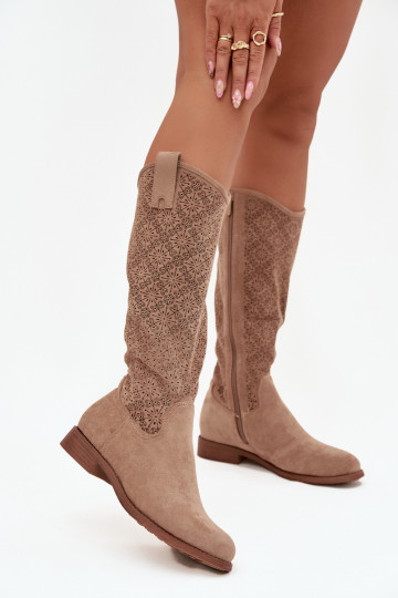 Damenstiefel mit durchbrochenen Elementen mit breiten Absätzen S.Barski HY52-534 Beige