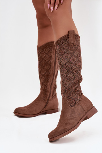 Damenstiefel mit durchbrochenen Elementen mit breiten Absätzen S.Barski HY52-534 braune Farbe