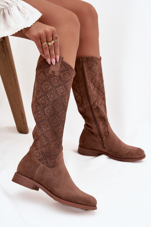 Damenstiefel mit durchbrochenen Elementen mit breiten Absätzen S.Barski HY52-534 braune Farbe