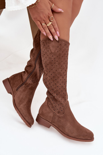 Damenstiefel mit breiten Absätzen mit durchbrochenen Elementen S.Barski HY52-531 braune Farbe