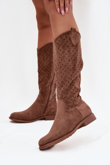Damenstiefel mit breiten Absätzen mit durchbrochenen Elementen S.Barski HY52-531 braune Farbe 2