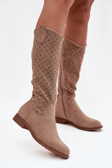 Damenstiefel mit breiten Absätzen mit durchbrochenen Elementen S.Barski HY52-531 Beige