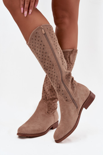 Damenstiefel mit breiten Absätzen mit durchbrochenen Elementen S.Barski HY52-531 Beige 2