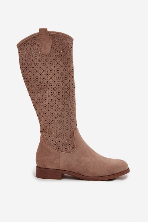 Damenstiefel mit breiten Absätzen mit durchbrochenen Elementen S.Barski HY52-531 Beige