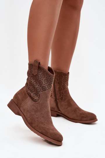Damenstiefel mit breiten Absätzen mit durchbrochenen Elementen S.Barski HY52-530 braune Farbe