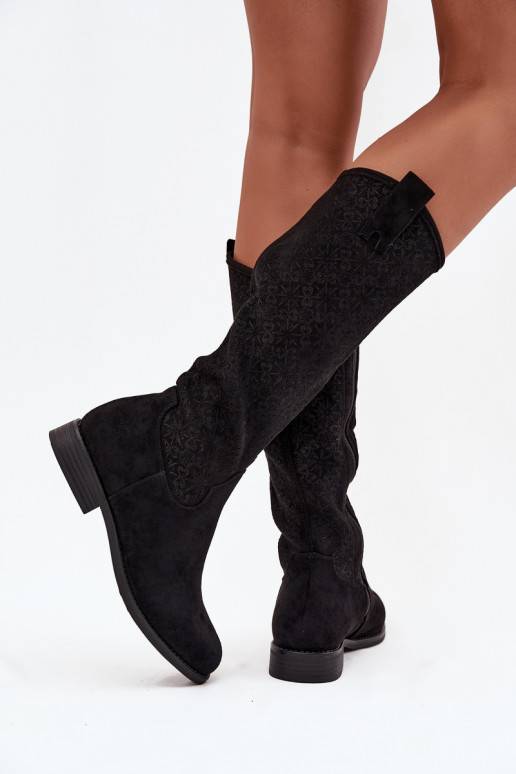 Damenstiefel mit durchbrochenen Elementen mit breiten Absätzen S.Barski HY52-534 schZuarze Farbe