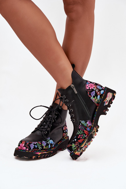 Haut Damenstiefel Mit Blumen sich Zuarm laufen Artiker 57C0180 schZuarze Farbe
