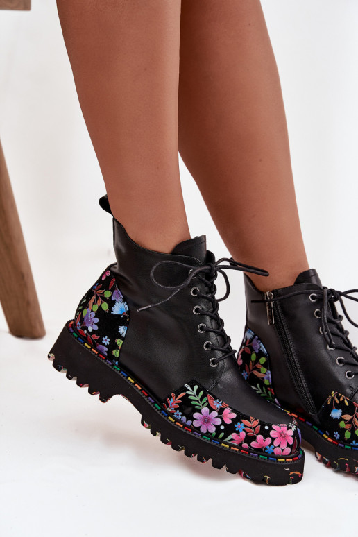 Haut Damenstiefel Mit Blumen sich Zuarm laufen Artiker 57C0180 schZuarze Farbe