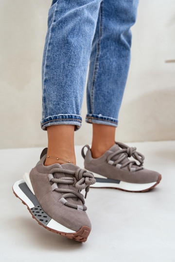 Graue Sportschuhe aus Kunstwildleder für Frauen mit Plateau und dicker Schnürung, Artiker 54C1463 2