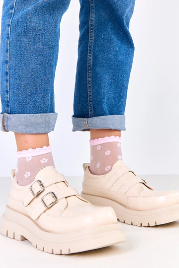 Beige Halbstiefel auf massiver Sohle, dekoriert mit Schnallen, Juke