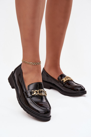 Lackierte Mokassins für Damen mit goldenen Details S.Barski HY52-539 in Schwarz 2
