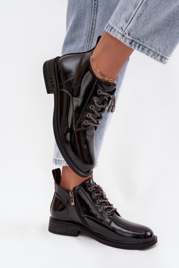 Haut mit Lackeffekt Damenstiefel Mit Dekorationen Schnürungm D&A MR52-124 schZuarze Farbe