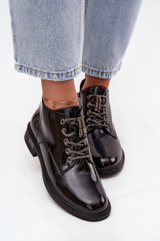 Haut mit Lackeffekt Damenstiefel Mit Dekorationen Schnürungm D&A MR52-124 schZuarze Farbe
