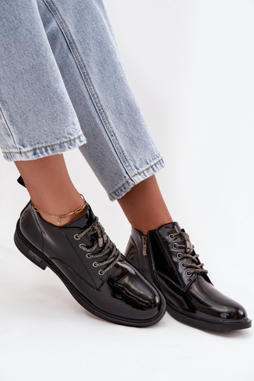 Haut mit Lackeffekt Damenstiefel Mit Dekorationen Schnürungm D&A MR52-124 schZuarze Farbe