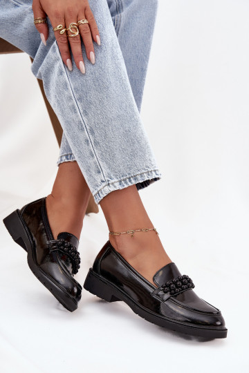 Damen Mokassins mit Lackeffekt und Perlen S.Barski HY52-541 schwarz