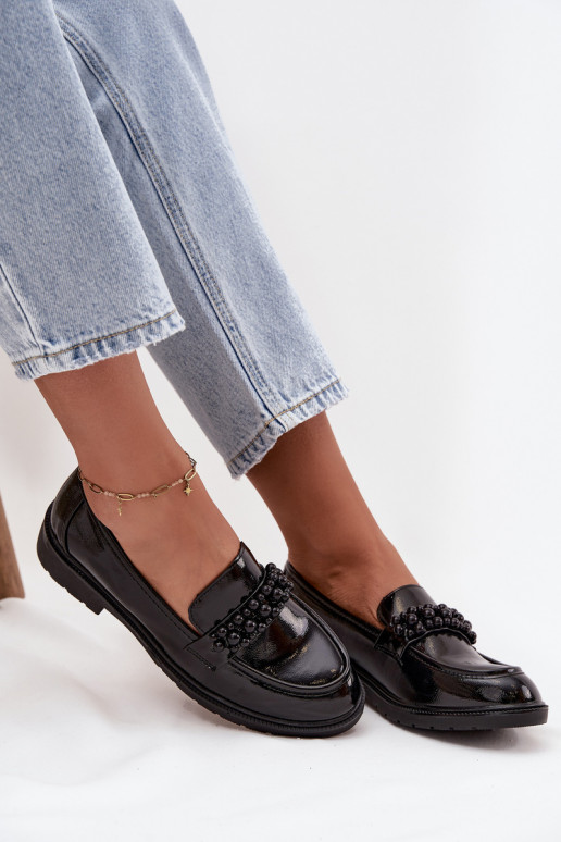 Mokassins für Damen mit Lackeffekt mit Perlen S.Barski HY52-541 schZuarze Farbe