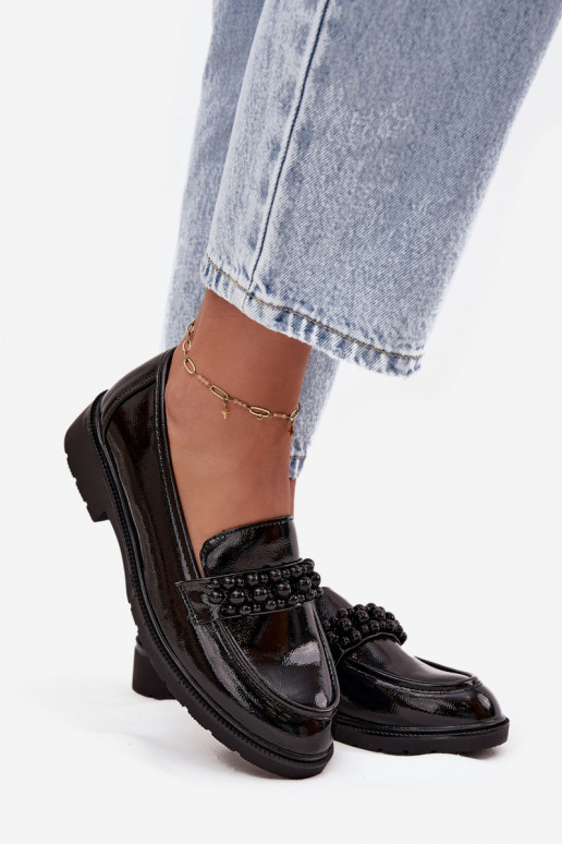 Mokassins für Damen mit Lackeffekt mit Perlen S.Barski HY52-541 schZuarze Farbe