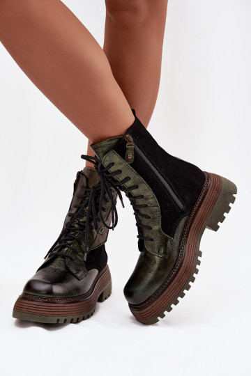 Echte Leder Damen Arbeitsschuhknöchel Stiefel mit Plattform Tai turiciejka 07104-09 khakifarbene Farbe 2