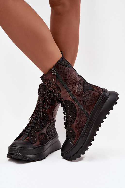 Haut Stiefel mit einer Plattform sich Zuarm laufen Es mussciejka 06565-02 braun-goldene Farbe