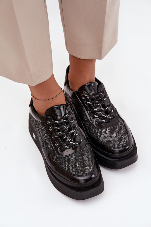 Haut Schnürschuhe Feminin mit einer Plattform Artiker 57C2043 SchZuarz und-Silberfarbe