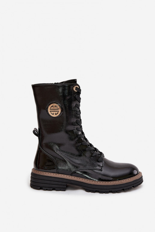 mit Lackeffekt Arbeitsstiefeletten Feminin Ze goldene Farbem Detalem sich Zuarm laufen schZuarze Farbe Dorialine