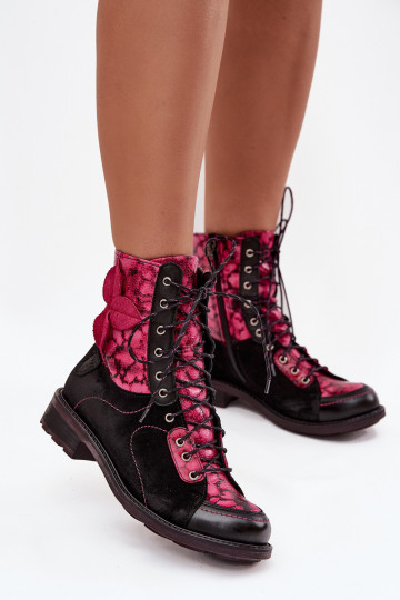 Lederne Damenstiefeletten aus natürlichem Leder mit breiten Absätzen Tai turiciejka 07004-23 in Schwarz und Rosa 2