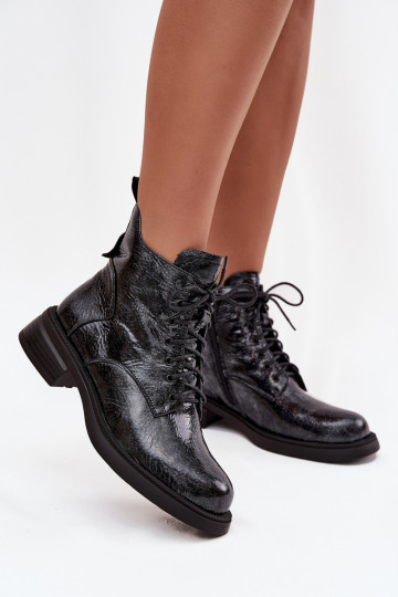 D&A LZ52-954 dunkelblaue Lacklederstiefeletten für Damen Klocke 2