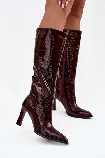 D&A CR52-716 bordeauxfarbene gefütterte Lacklederstiefel mit Absatz für Damen 2