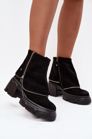 Tai turiciejka 07145-01 schwarze Lederstiefeletten mit gesticktem Cholewa für Damen